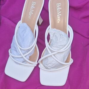 Bella Marie Cream Square-Toe Strappy Block Heel Sandals
